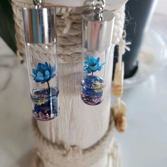 Blue Wish Flowers Glass Bottle Dangle Earrings - Picture 1 of 9